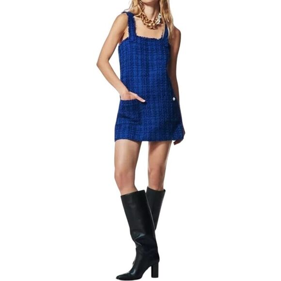 NWT Zara Tweed Dress Textured Pinafore Mini Women XL Blue Bloggers Favorite - Picture 2 of 15